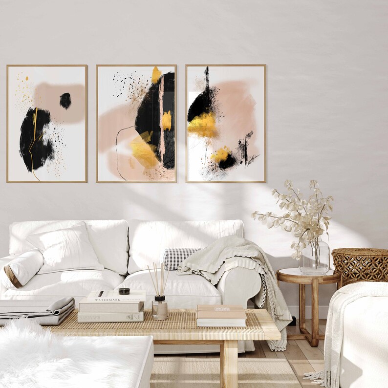 Black and Gold Wall Art, Blush Pink Wall Art, Extra Large Wall Art, 3 ...