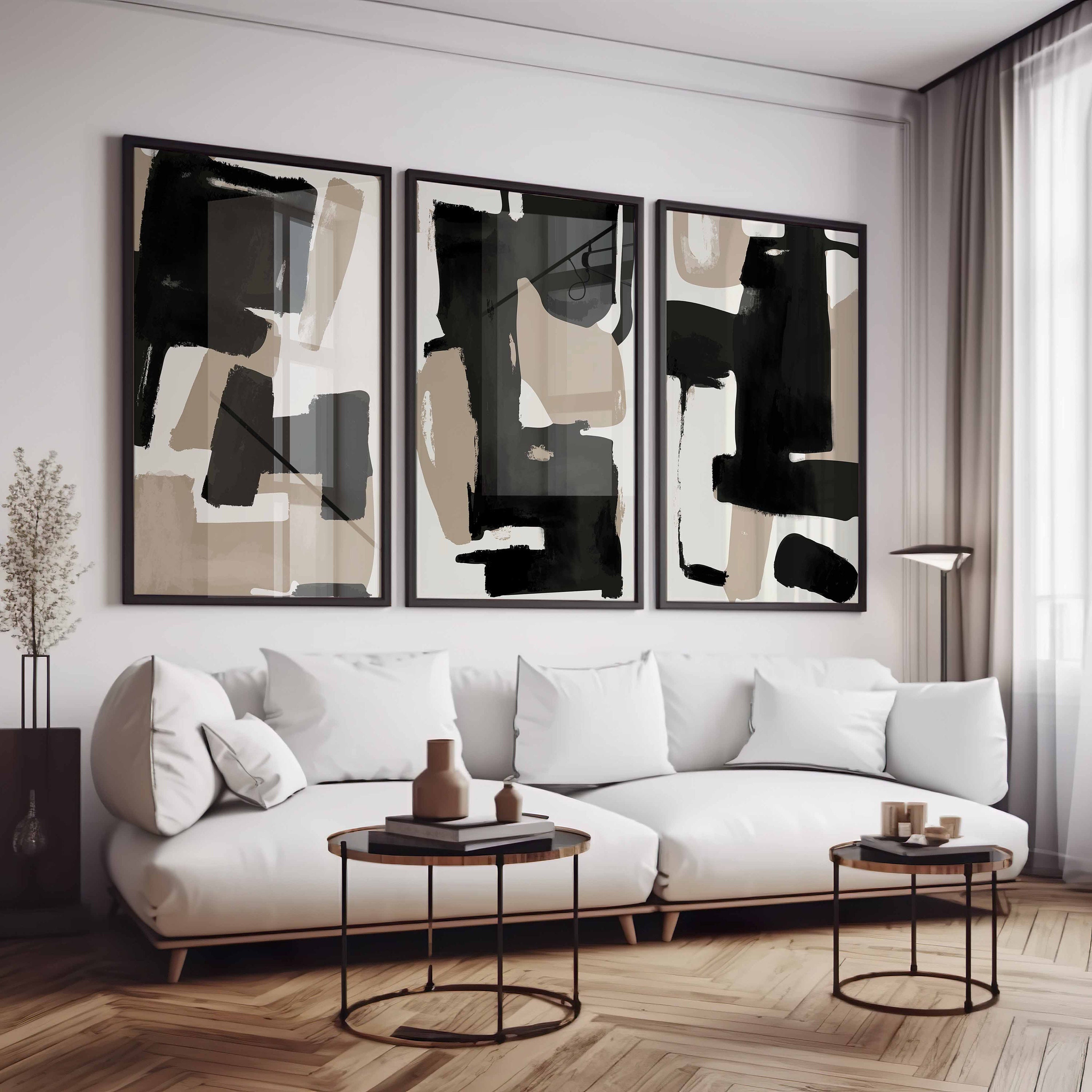 Abstract Art Print Set of 3 Modern Neutral Black Beige