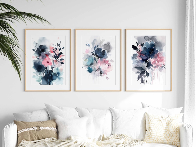 Navy Blue Blush Pink Modern Abstract Art Gallery Wall Art Set of 3 ...