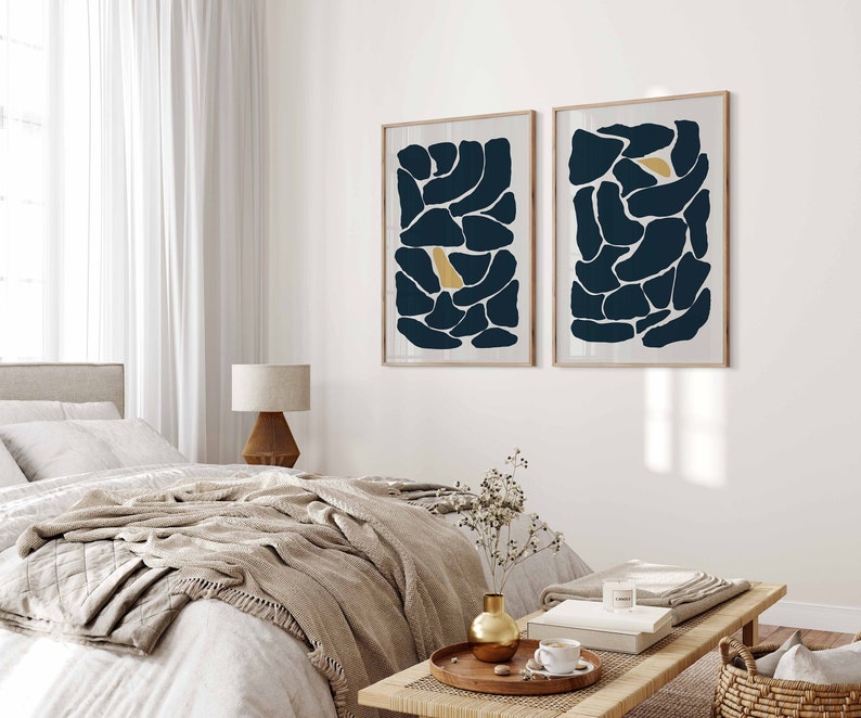 Modern Minimal Gallery Wall Art Set of 2 Abstract Art Navy Blue Prints, Abstract Organic Shapes Wall Art Minimalist Bathroom Decor image 1