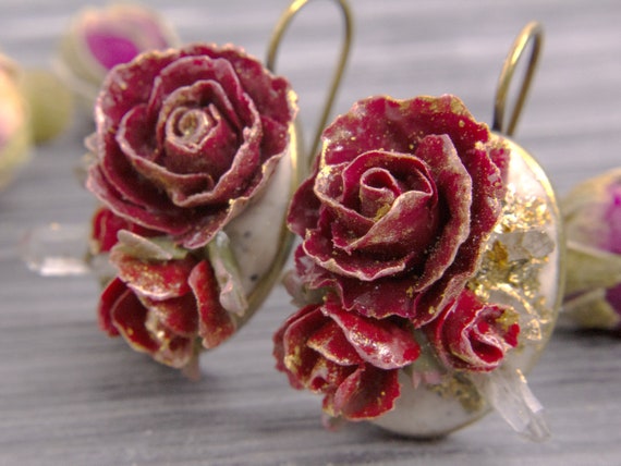 Handmade Gold Dusted Rose Earrings Etsy