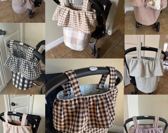 CUSTOM Message before ordering Ruffle Stoller Caddy Bag/ Removable Stroller Caddy/ Stroller Organizer Bag/Round Ruffle Stroller Bag