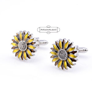 Sunflower cufflinks, sunflower cufflinks, personalized name cufflinks, engraved cufflinks, wedding cufflinks, birthday gifts for men