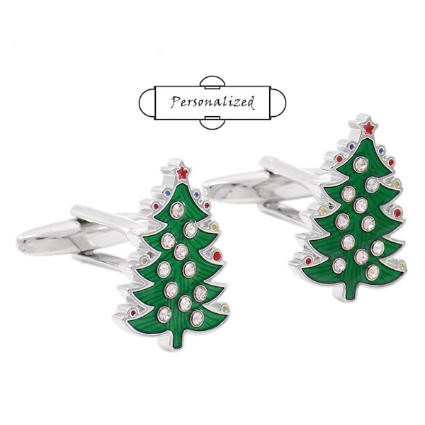 Personalized Cuff Links, Silver Toned Christmas Tree Cufflinks  diamond