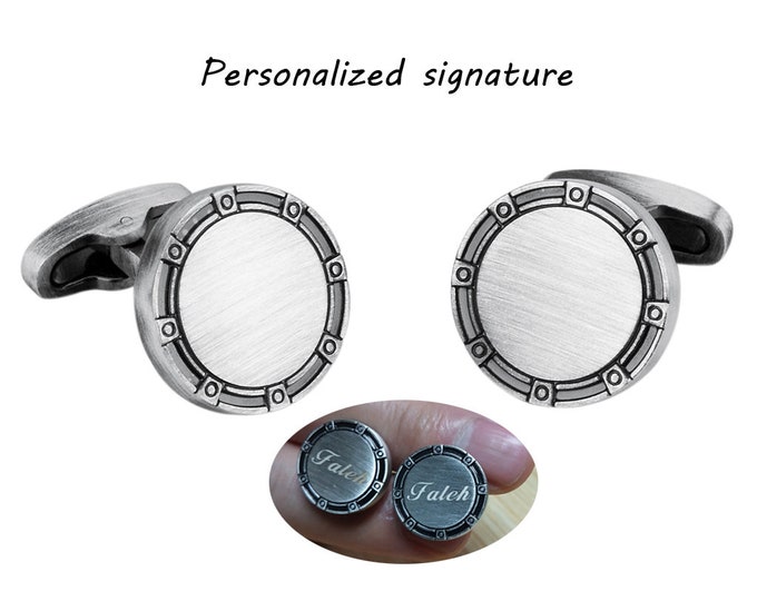 Personalized signature vintage round cufflinks, initial engraved cufflinks, Christmas gifts for friends, unique commemorative cufflinks