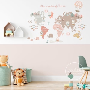 Wereldkaart voor kinderen - Gepersonaliseerd stoffen vinyl in de gewenste taal - kindervinyl zachte tonen - kinderstickers - meisjesvinyl