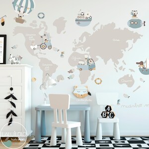 Mapamundi infantil vinilo de tela reposicionable -Vinilo personalizado Bon Voyage- Vinilo textil ecológico- decoración infantil