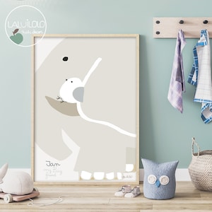 Bubu-Elefanten-Kinderposter mit Bäumen und ungleichmäßigen Tupfen auf Stoff-Vinyl – Personalisierte Kinderdrucke – Elefantendruck