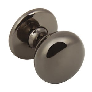 May include: A round black nickel door knob with a smooth finish.