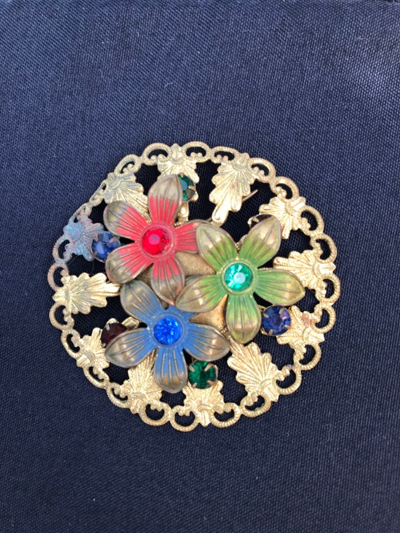 Czech brass filigree flower brooch. - image 2