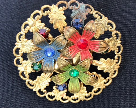 Czech brass filigree flower brooch. - image 7