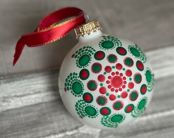 Hand painted dot Mandala on 2.6” glossy white glass ball ornament with satin ribbon