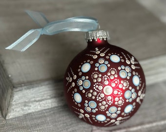 Hand painted snowflake dot Mandala on 2.6” matte red glass ball ornament with satin ribbon