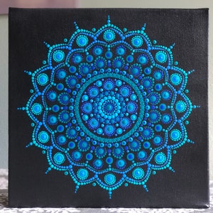 Rich tones dot Mandala hand painted on black stretched canvas 10&quot; x 10&quot; in shades of blue & turquoise