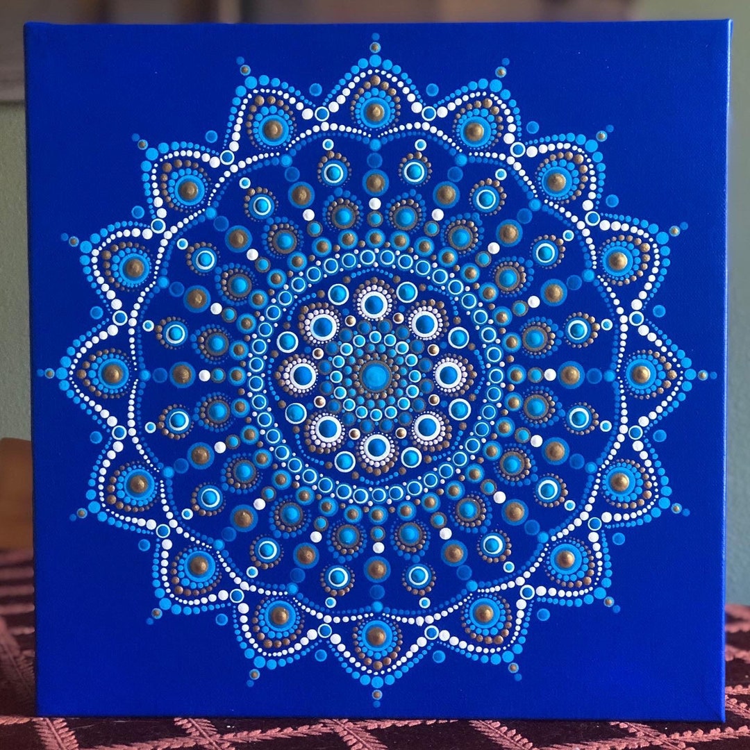 Beautiful Dot Mandala on Blue Stretched Canvas 12" X 12" Go…