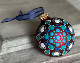 Hand painted dot Mandala on 2.6” matte red glass ball ornament with satin ribbon