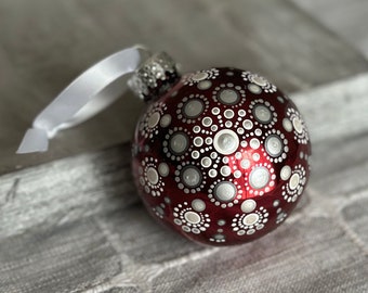 Hand painted dot Mandala on 2.6” shiny red glass ball ornament with satin ribbon