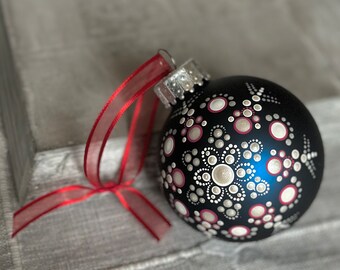 Hand painted dot Mandala on 2.6” matte blue glass ball ornament with satin ribbon