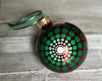 Hand painted dot Mandala on 2.6” shiny red glass ball ornament with satin ribbon