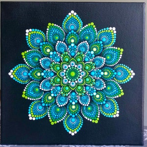 Colorful dot mandala on black stretched canvas 10&quot; x 10&quot; in shades of green & turquoise with white accents