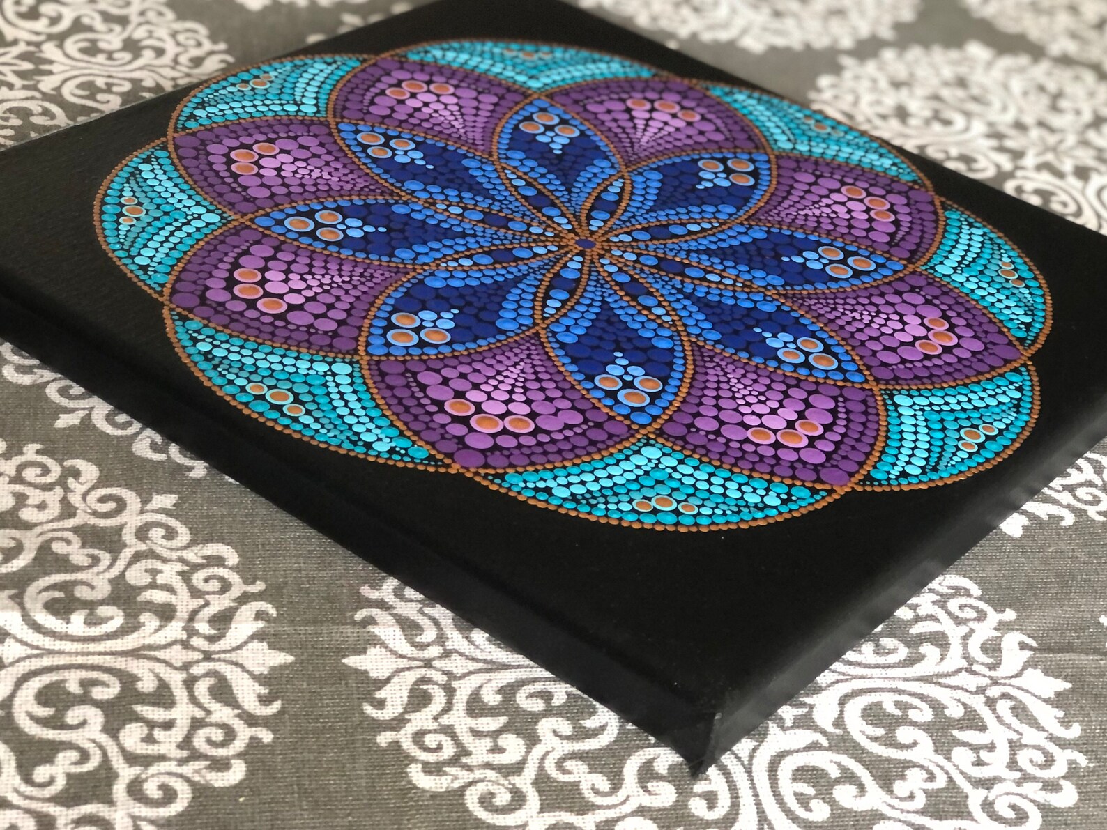Seed of Life Sacred Geometry Dot Mandala Hand Painted on Black