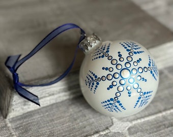 Hand painted dot snowflake Mandala on 2.6” glossy white glass ball ornament with satin ribbon