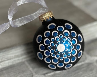 Hand painted dot Mandala on 2.6” matte blue glass ball ornament with satin ribbon