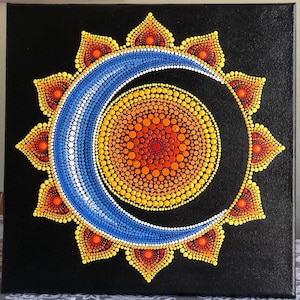 Sun and Moon dot Mandala hand painted on black stretched canvas 12&quot; x 12&quot;