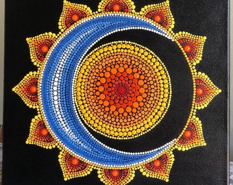 Sun and Moon dot Mandala hand painted on black stretched canvas 12" x 12"