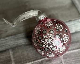 Hand painted dot Mandala on 2.6” shiny pink glass ball ornament with satin ribbon