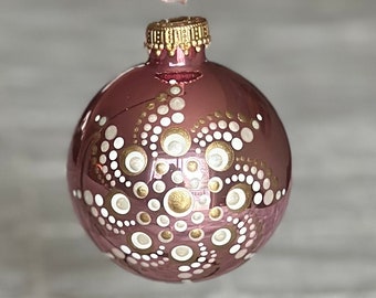 Hand painted dot Mandala on 2.6” shiny pink glass ball ornament with satin ribbon