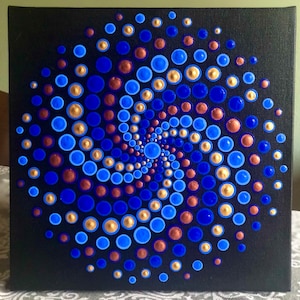 Spinner dot Mandala on black stretched canvas 10&quot; x 10&quot; in shades of blue and turquoise with gold & copper accents