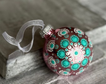 Hand painted dot Mandala on 2.6” shiny pink glass ball ornament with satin ribbon