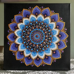 Lovely dot Mandala on black stretched canvas 12&quot; x 12&quot; purple, blue, gold & white