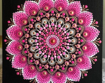 Vibrant Dot Mandala Hand Painted on Black Stretched Canvas 8