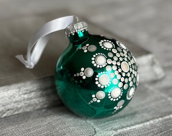 Hand painted dot Mandala on 2.6” shiny green glass ball ornament with satin ribbon