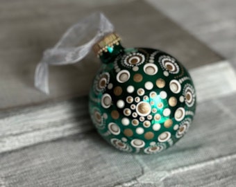 Hand painted dot Mandala on 2.6” shiny green glass ball ornament with satin ribbon