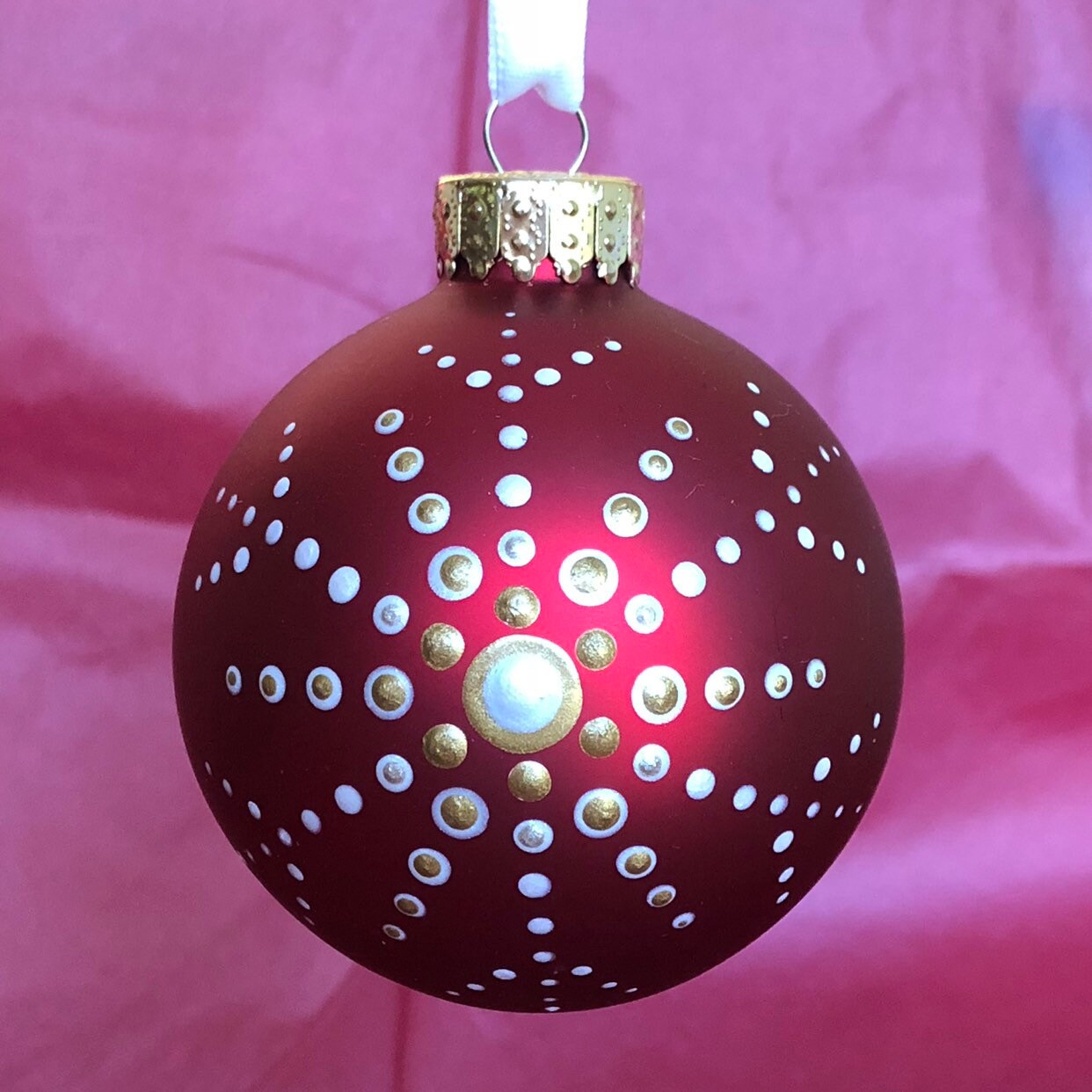 Lovely Snowflake Dot Mandala On Red Glass Ball Ornament Etsy