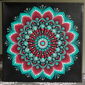 Vibrant dot Mandala on black stretched canvas 10&quot; x 10&quot; in shades of red & turquoise with white accents