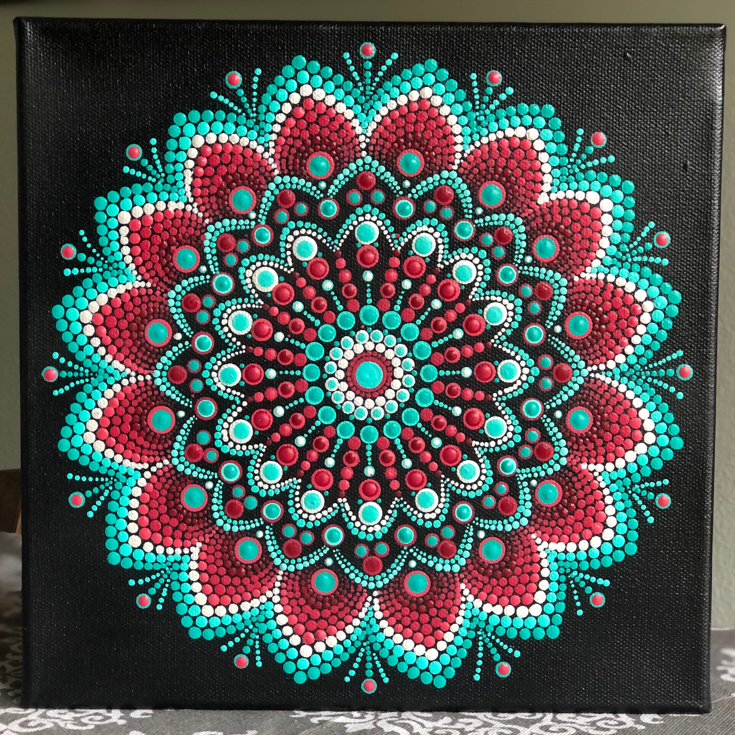 Vibrant Dot Mandala on Black Stretched Canvas 10