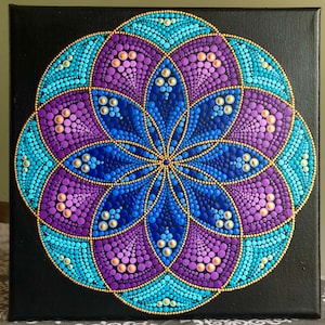 Seed of Life sacred geometry dot Mandala hand painted on black stretched canvas 12&quot; x 12&quot; in shades of blue, purple & turquoise