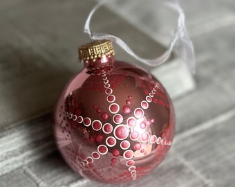 Hand painted dot Mandala on 2.6” shiny pink glass ball ornament with satin ribbon