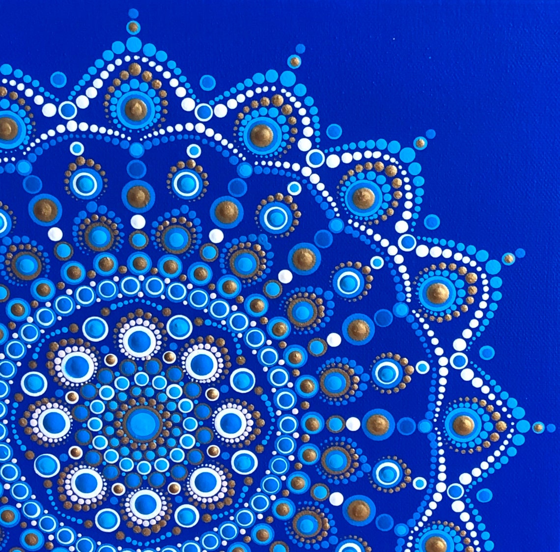 Beautiful Dot Mandala on Blue Stretched Canvas 12" X 12" Gol…