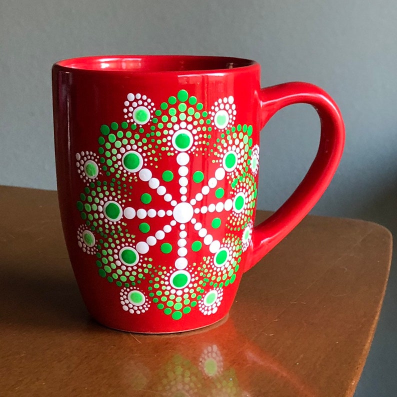 Holiday Coffee cup/mug dot mandala 12 oz hand painted Red | Etsy