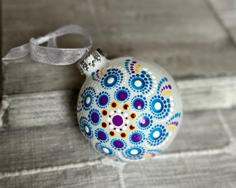 Hand painted dot snowflake Mandala on 2.6” glossy white glass ball ornament with satin ribbon