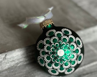 Hand painted dot Mandala on 2.6” matte green glass ball ornament with satin ribbon