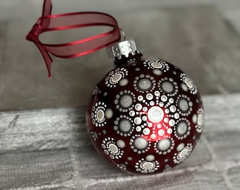 Hand painted dot Mandala on 2.6” shiny red glass ball ornament with satin ribbon