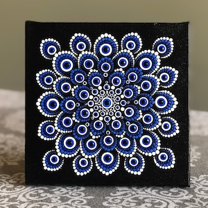 Evil eye talisman dot painting on black stretched canvas hand painted 5&quot; x 5&quot;