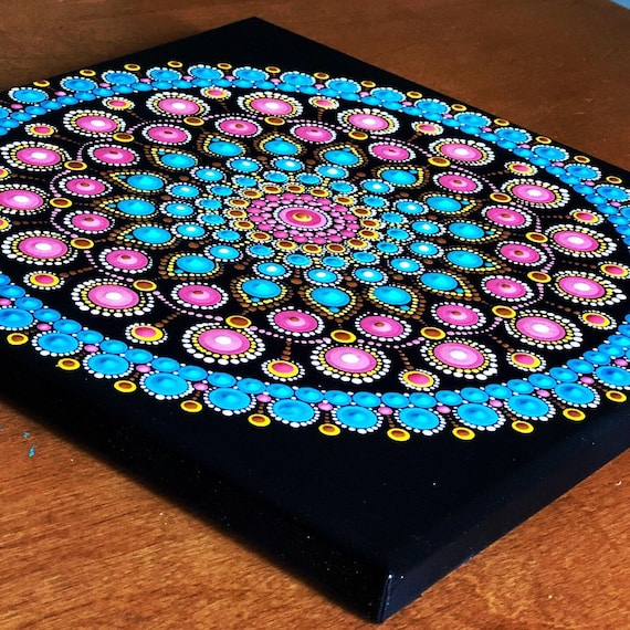 Vibrant Dot Mandala on Black Stretched Canvas 10