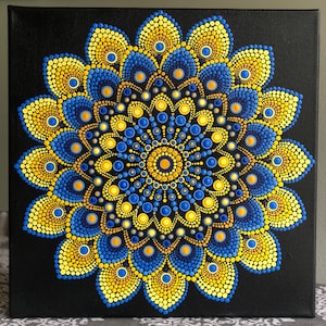 Tribute to Ukraine dot Mandala hand painted on black stretched canvas 12&quot; x 12&quot; in shades of blue & yellow
